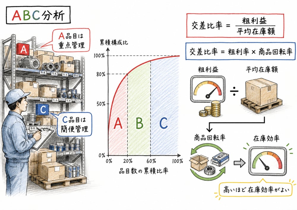 A品目の重点管理、C品目の簡便管理、粗利率と商品回転率で見る交差比率を示した手書き図