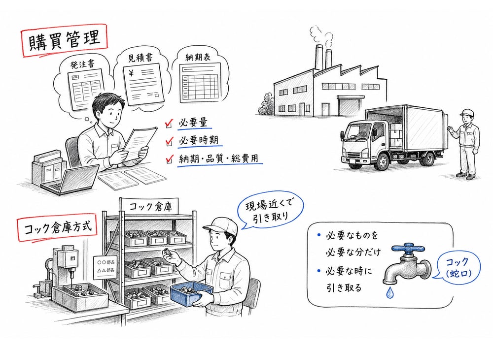 購買管理で必要量、必要時期、納期、品質、総費用を確認し、コック倉庫方式を使う様子を示した手書き図