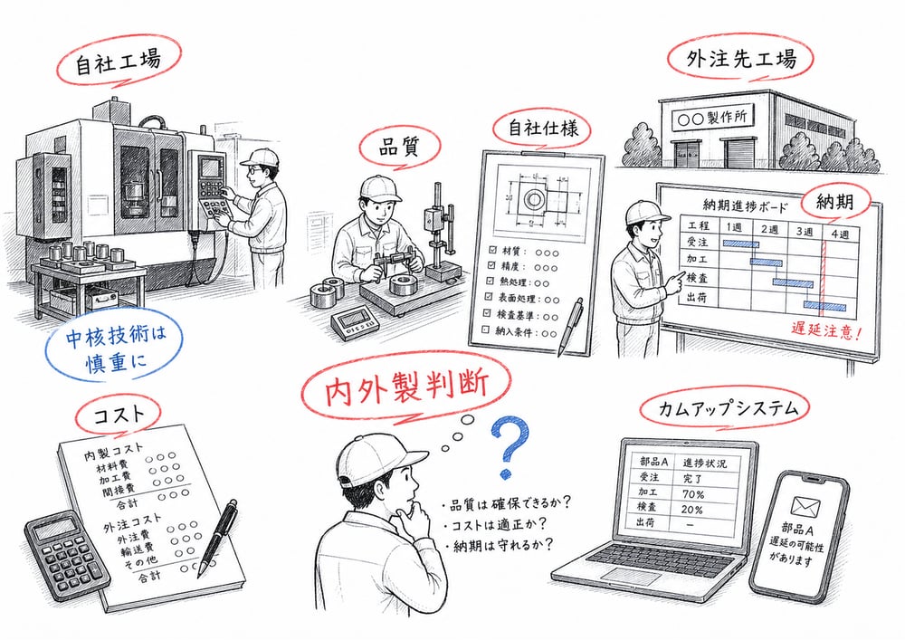 外注管理で品質、納期、コスト、進捗確認を管理し、内外製判断を行う様子を示した手書き図