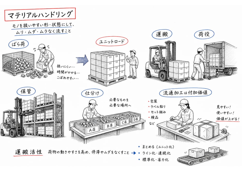 ばら荷、パレット、フォークリフト、台車、仕分け台でマテリアルハンドリングを説明する手書き図