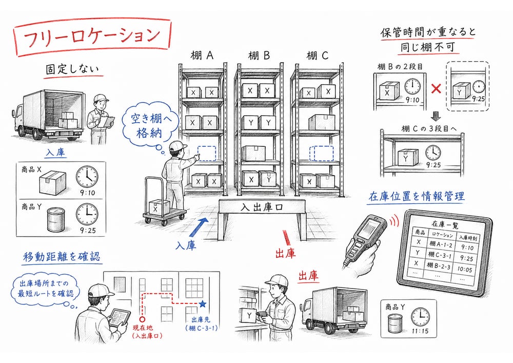 空き棚に格納するフリーロケーションと、棚位置を情報管理する必要性を示した手書き図