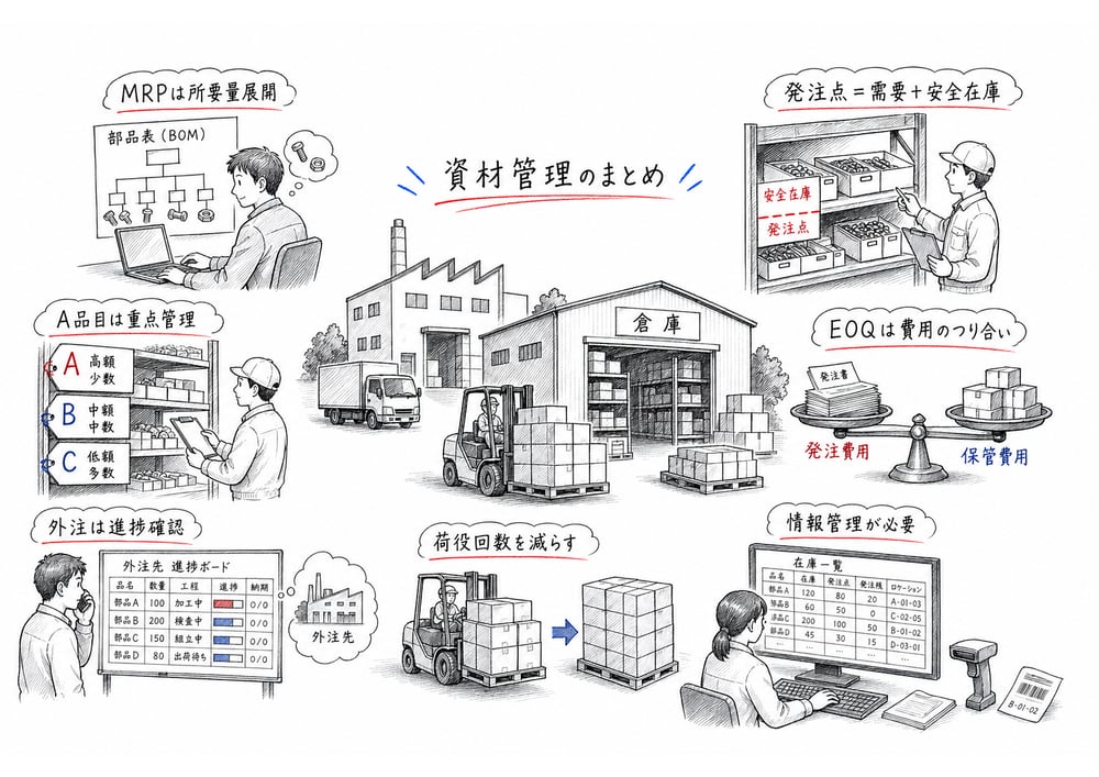 MRP、発注点、EOQ、ABC分析、外注管理、マテリアルハンドリング、フリーロケーションをまとめた手書き図