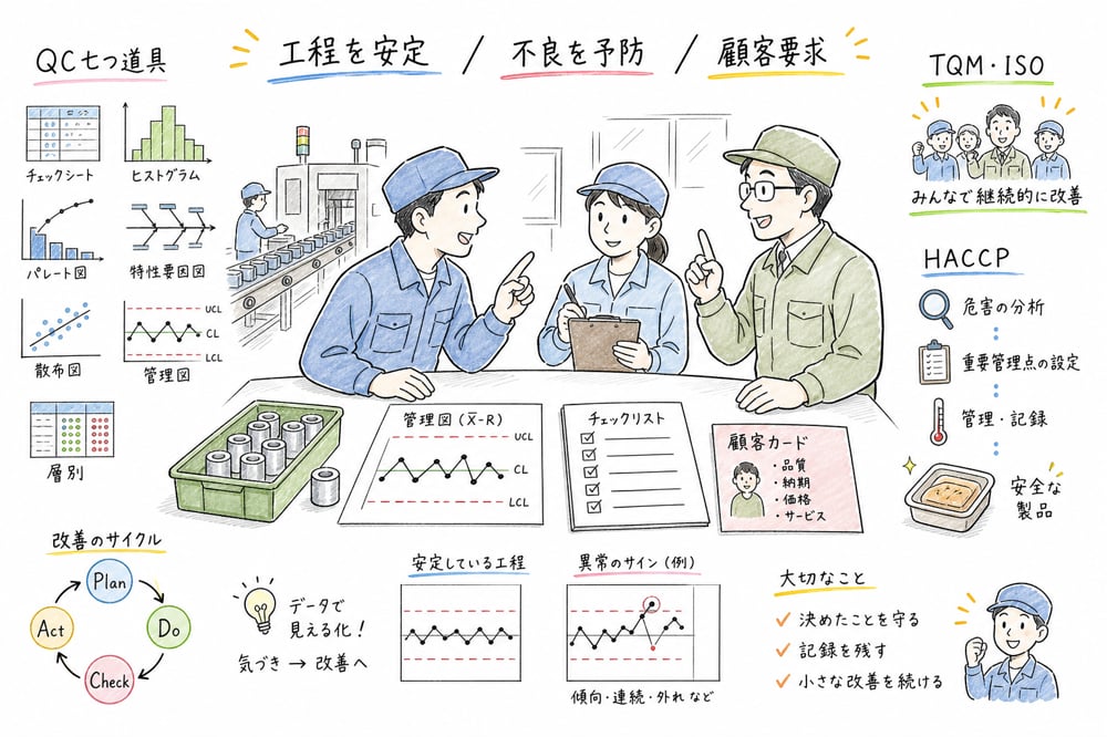 品質管理を工程安定、不良予防、顧客要求、TQM、ISO、HACCPまで含めて整理する図解