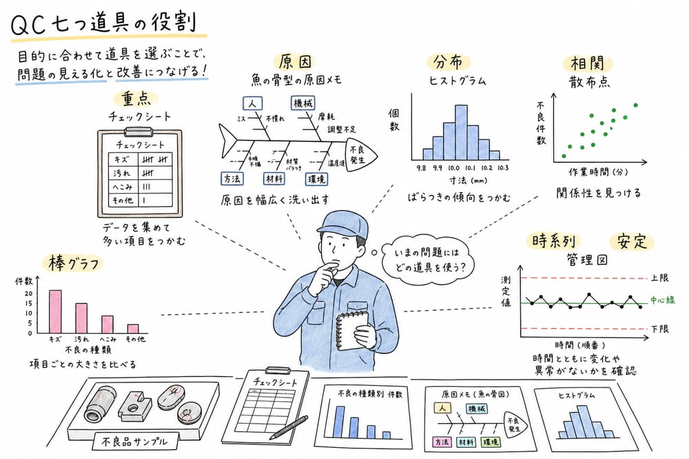QC七つ道具を重点、原因、分布、相関、時系列、安定の観点で使い分ける図解