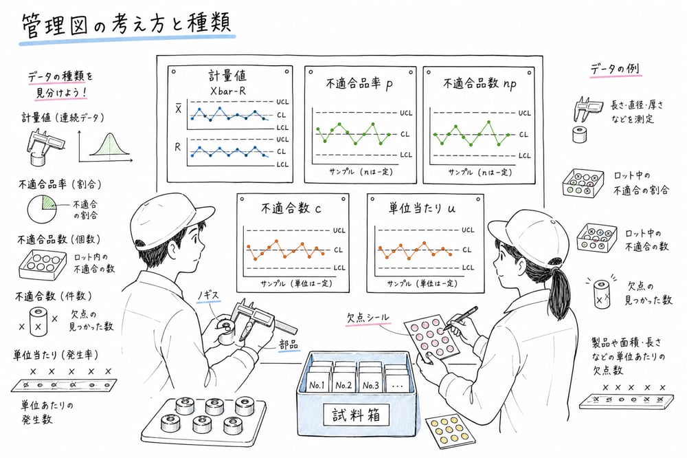 管理図を計量値、計数値、不適合品、不適合数で使い分ける図解
