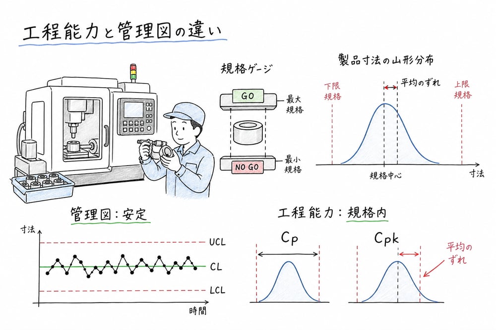 管理図は工程の安定、工程能力は規格内に収まる実力を見ることを比較する図解