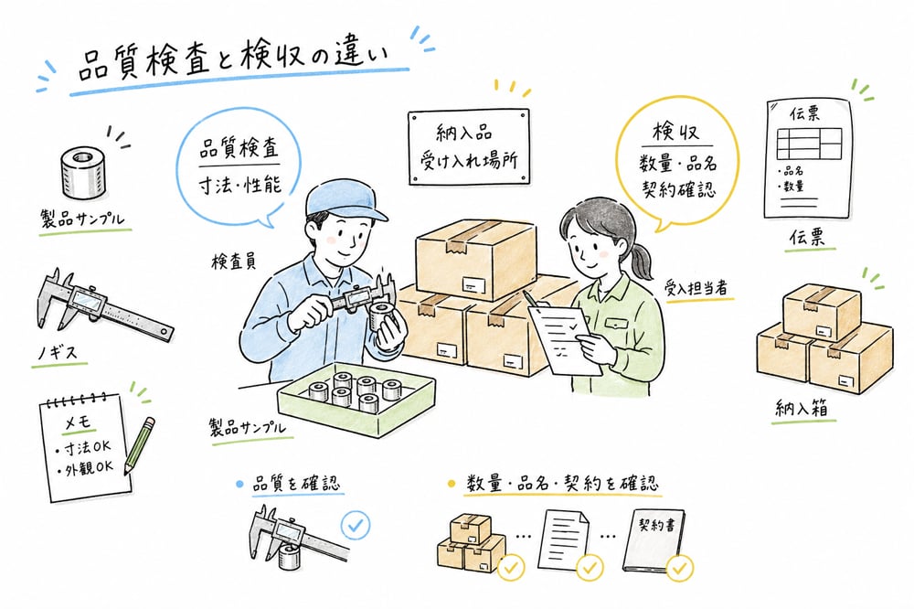 品質検査は寸法や性能、検収は数量や品名など契約内容を確認する違いの図解