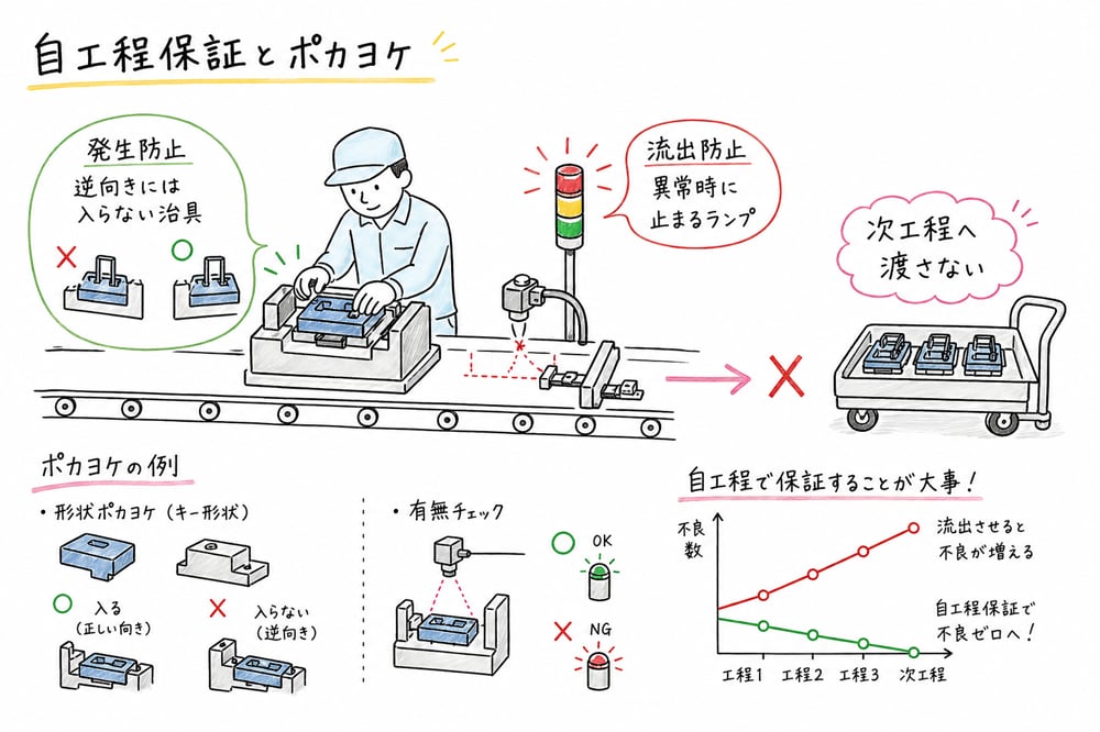 自工程保証で流出防止と発生防止を分け、ポカヨケを発生防止として捉える図解