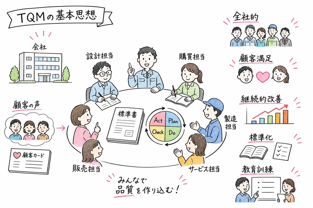 TQMを全社的、顧客満足、継続的改善、標準化、教育訓練で整理する図解