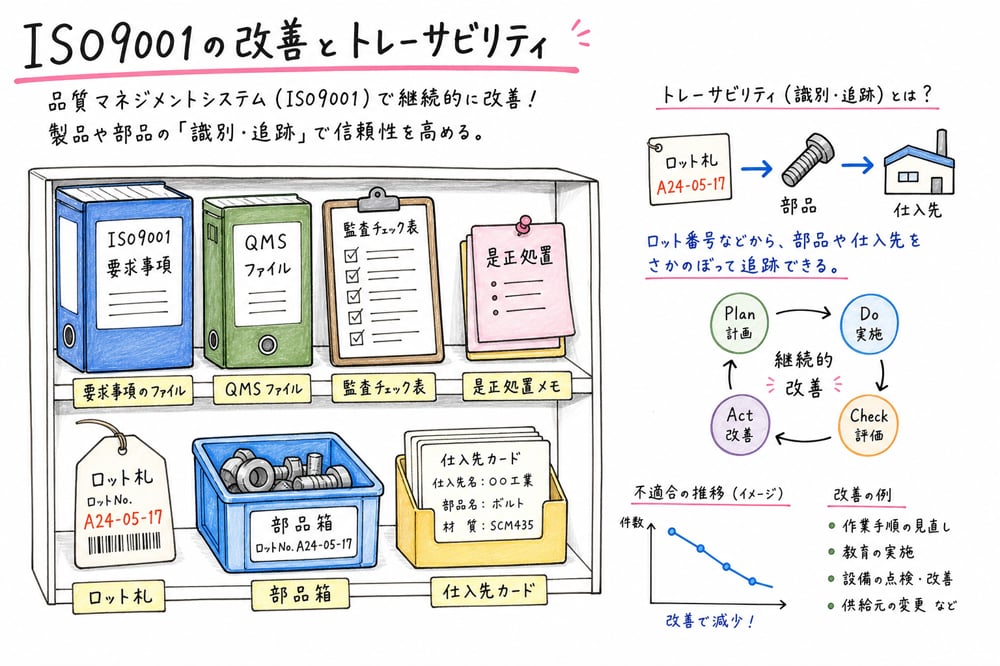 ISO9001の要求事項、是正処置、トレーサビリティ、識別追跡を区別する図解