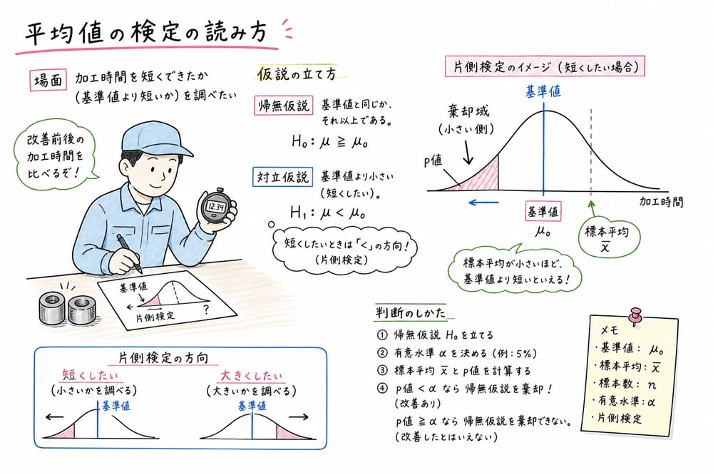 平均値の検定で帰無仮説を基準値に置き、改善方向に応じて片側検定を読む図解