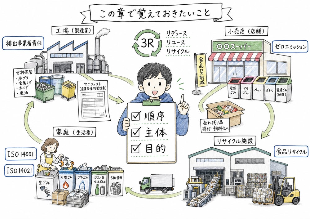 廃棄物等の管理を順序、主体、目的で整理する図解