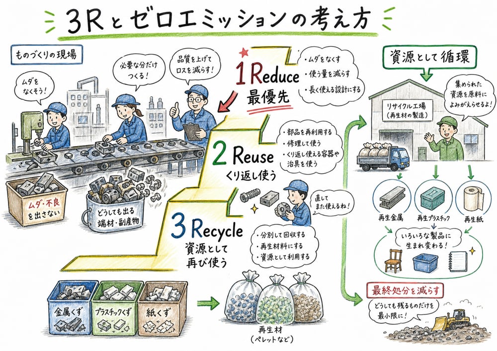3Rの優先順位とゼロエミッションの資源循環を示す図解