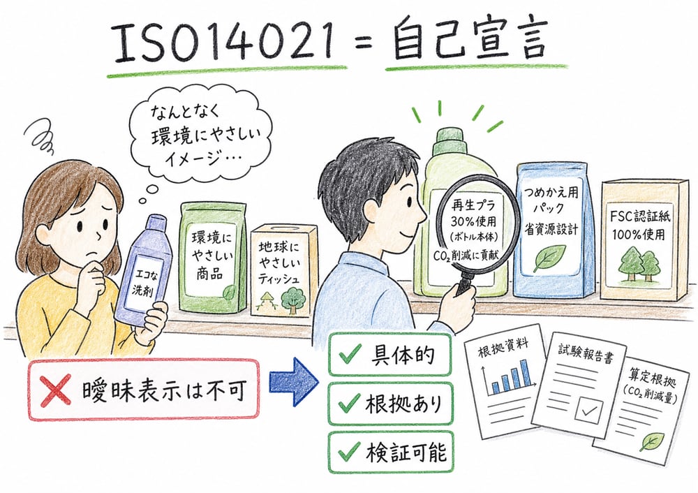 ISO14021の自己宣言と曖昧表示の禁止を示す図解