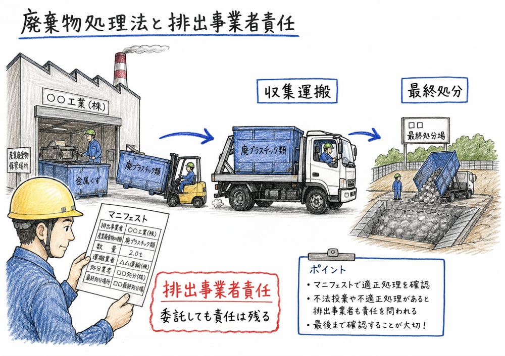 排出事業者責任とマニフェストによる処理確認を示す図解
