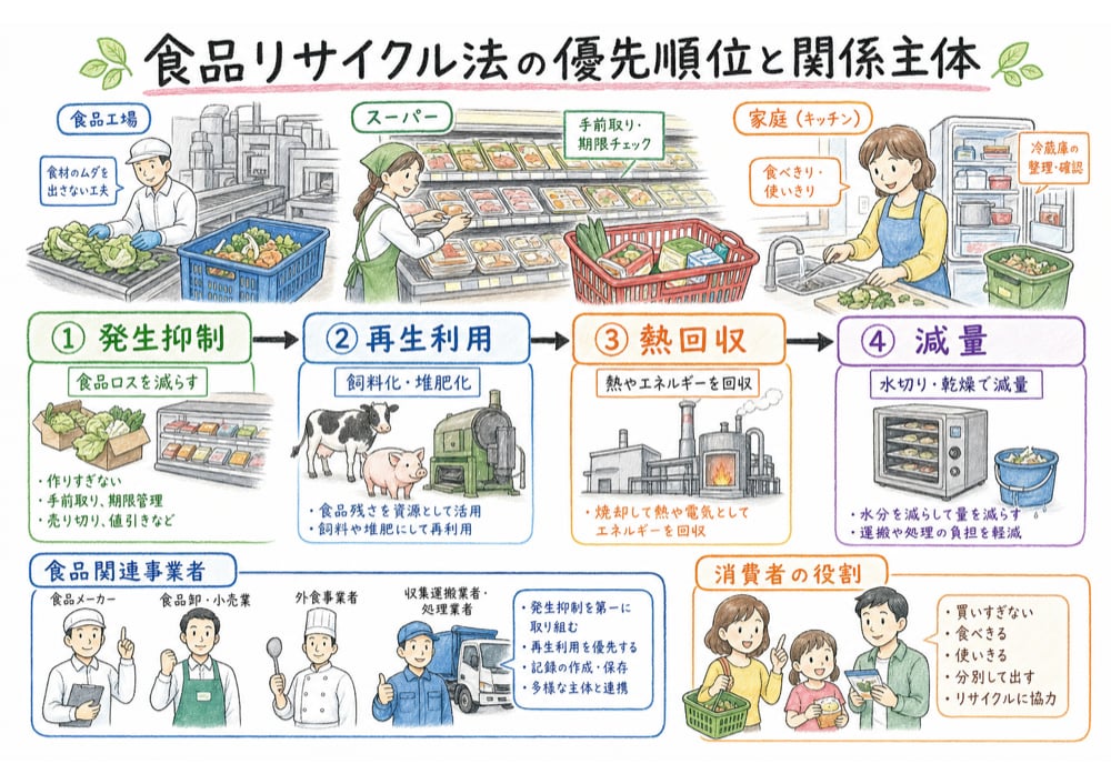 食品リサイクル法の優先順位と関係主体を示す図解
