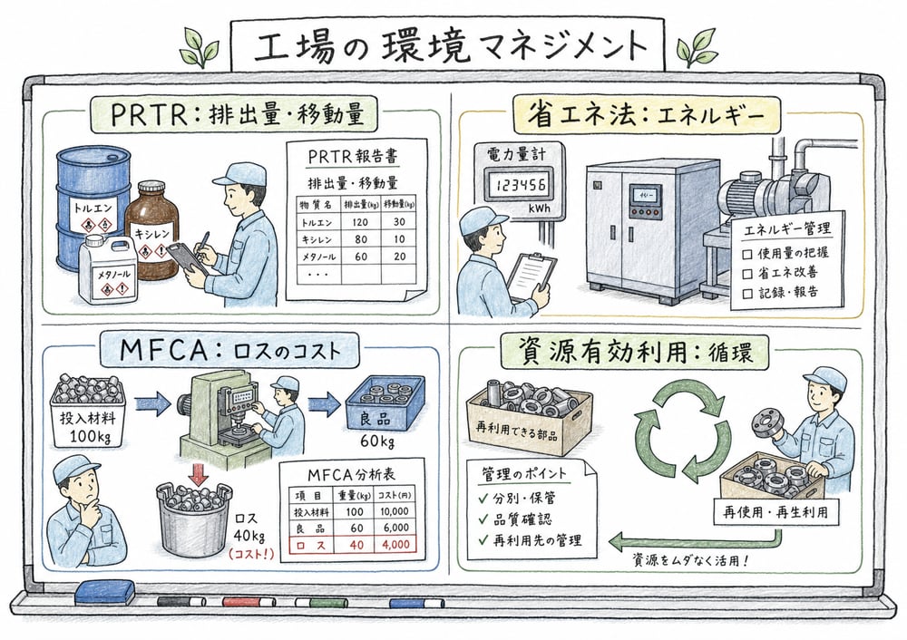 PRTR制度、省エネ法、MFCA、資源有効利用促進法を目的別に整理する図解