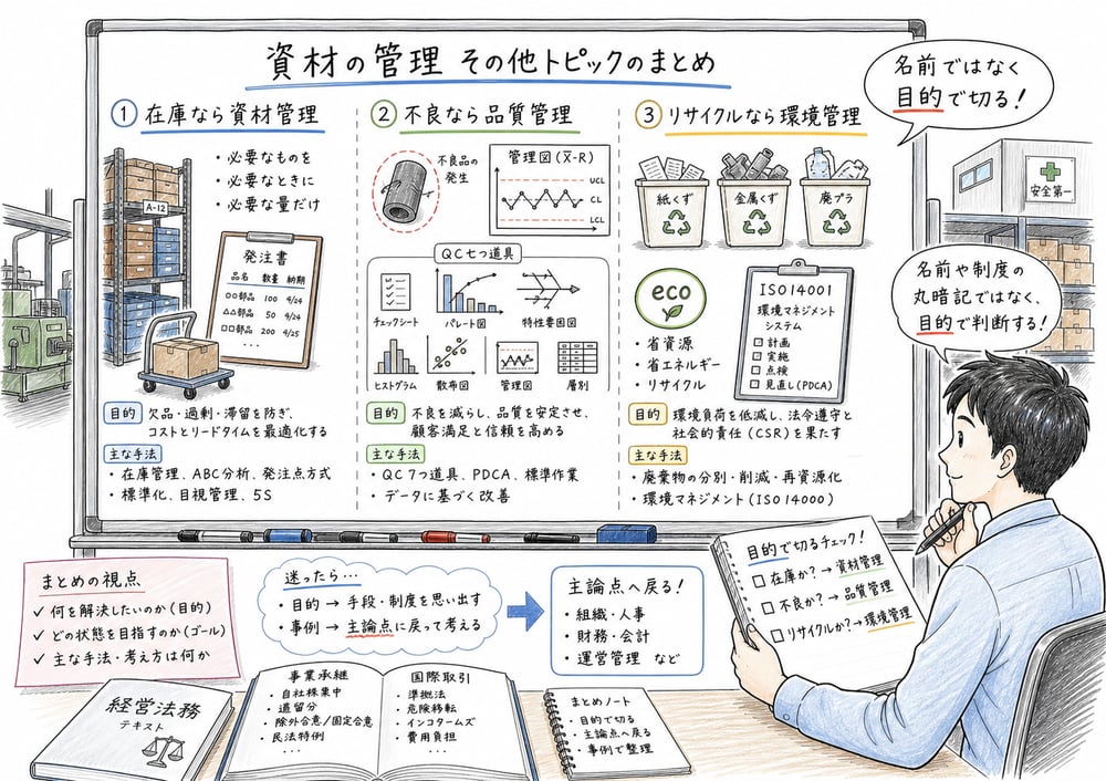資材管理、品質管理、環境管理へ補助論点を目的別に戻す全体像