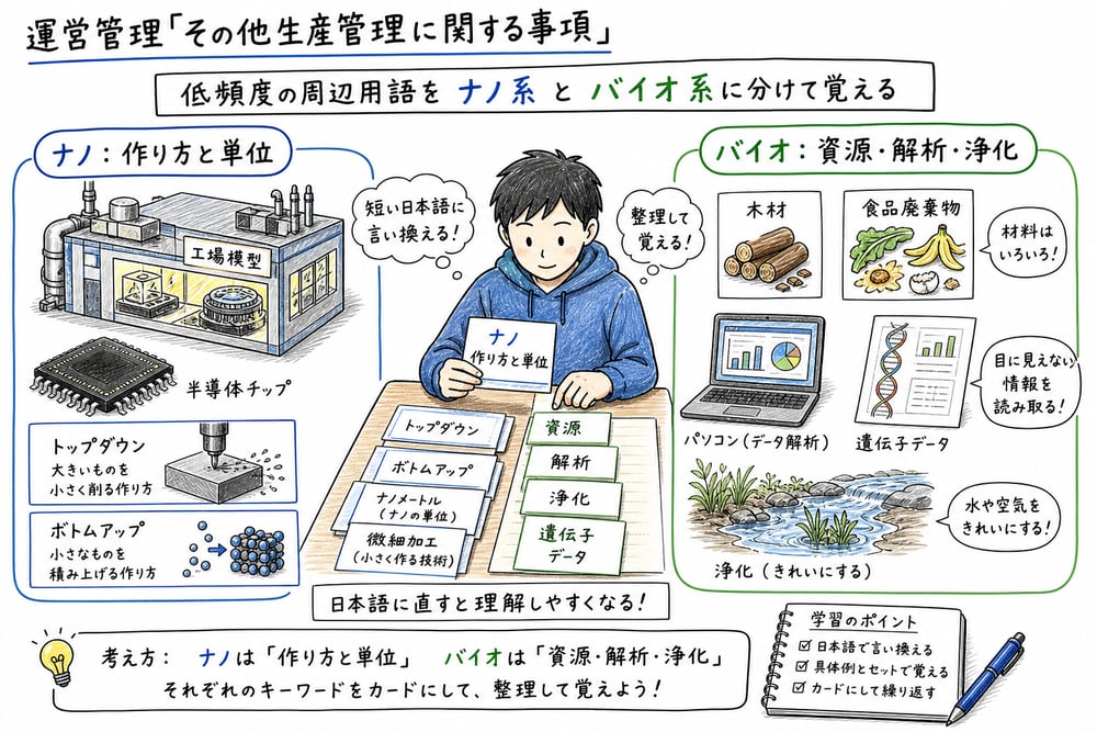 その他生産管理の周辺用語をナノ系とバイオ系に分けて整理する図解