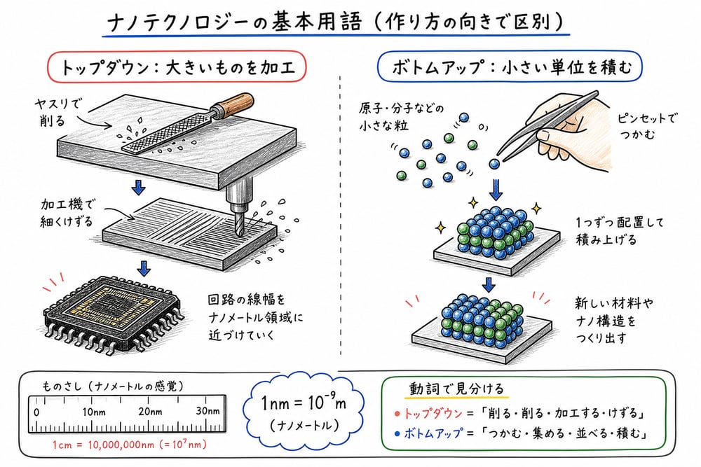 トップダウン、ボトムアップ、1nmの単位を作り方の向きで区別する図解