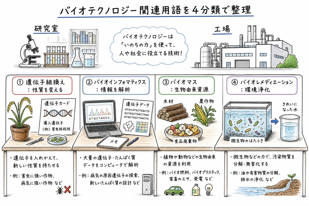 バイオ関連用語を性質の改変、情報解析、資源、環境浄化に分ける図解