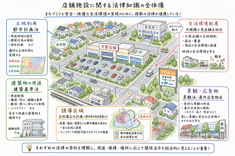 店舗施設法規を土地利用、建築物の用途、生活環境配慮、誘導区域、景観・広告物で整理する図解