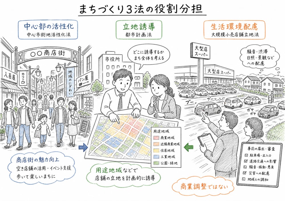 まちづくり3法を中心部の活性化、立地誘導、生活環境配慮で切り分ける図解