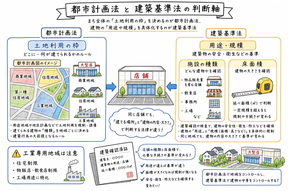 都市計画法と建築基準法を土地利用の枠、用途・規模、施設の種類と床面積で整理する図解