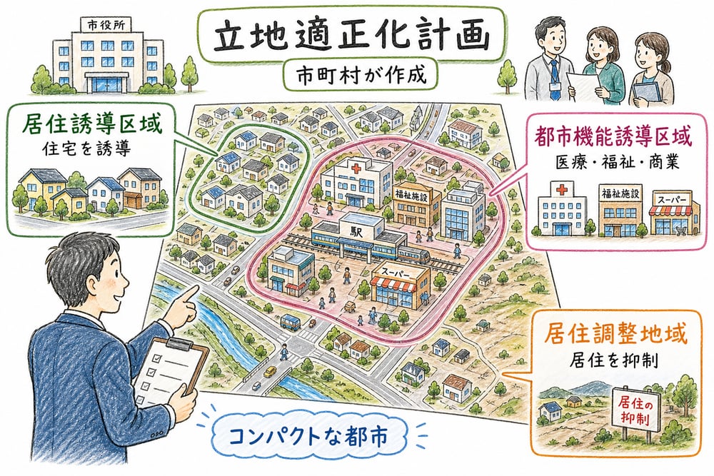 立地適正化計画の居住誘導区域、都市機能誘導区域、居住調整地域の役割を示す図解