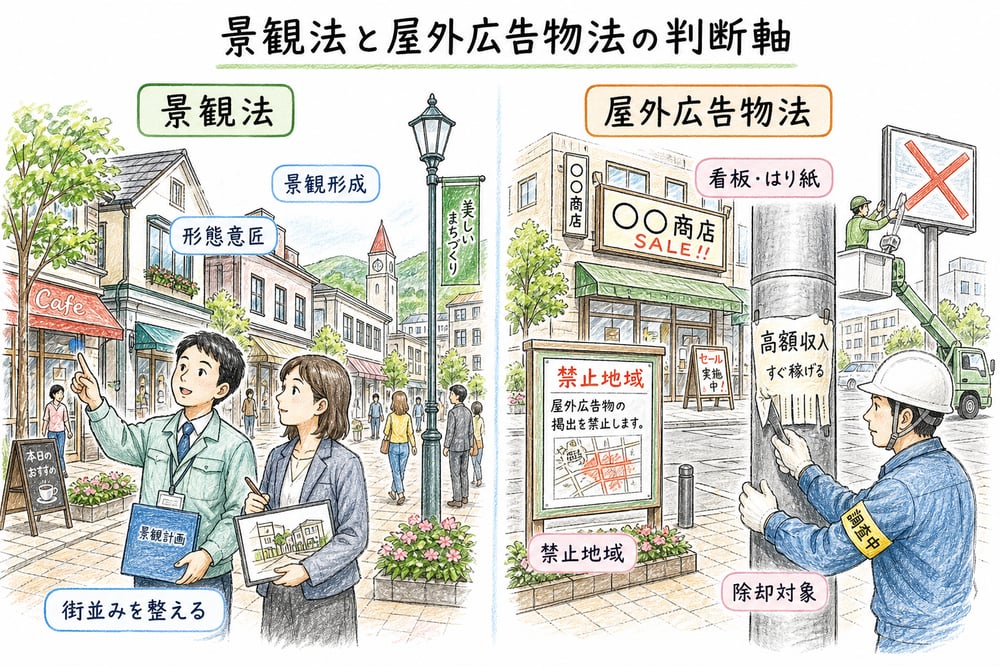 景観法と屋外広告物法を形態意匠、景観形成、看板・はり紙、禁止地域、除却対象で整理する図解