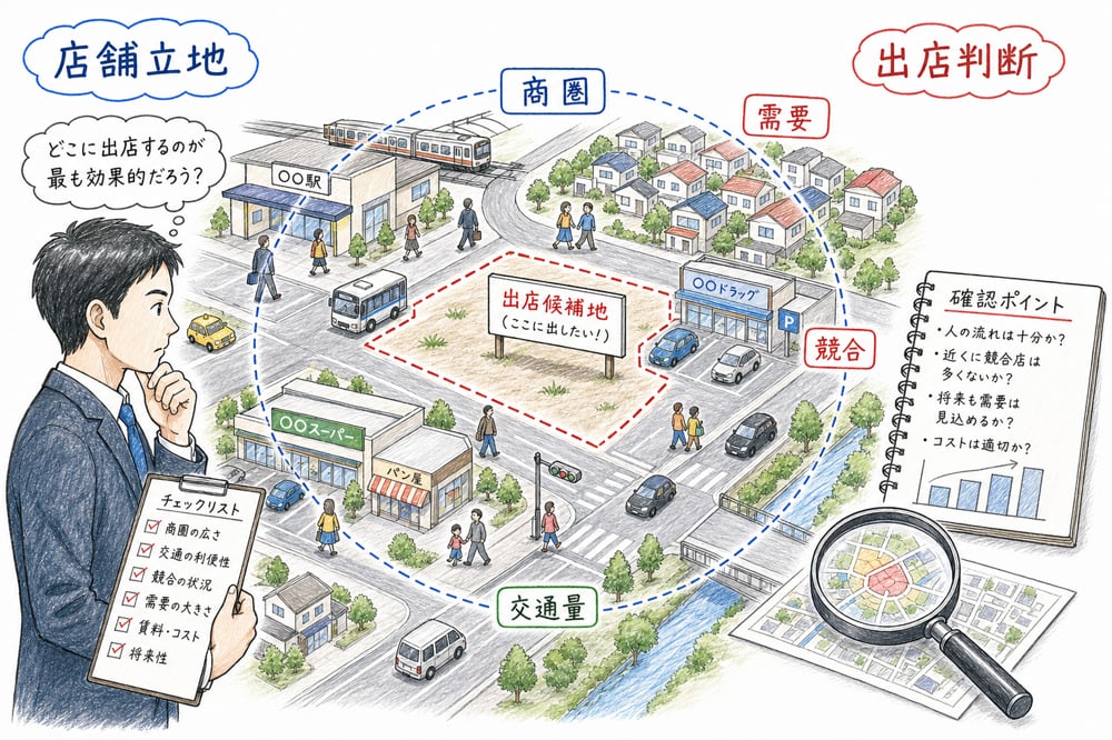 店舗立地と出店判断の全体像を、商圏、競合、交通量、需要の観点で確認する手書き風イラスト