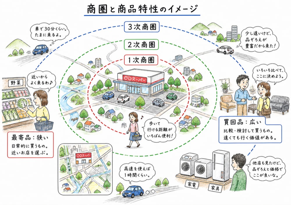 商圏の広がりと、最寄品は狭く買回品は広くなりやすい違いを示す手書き風イラスト