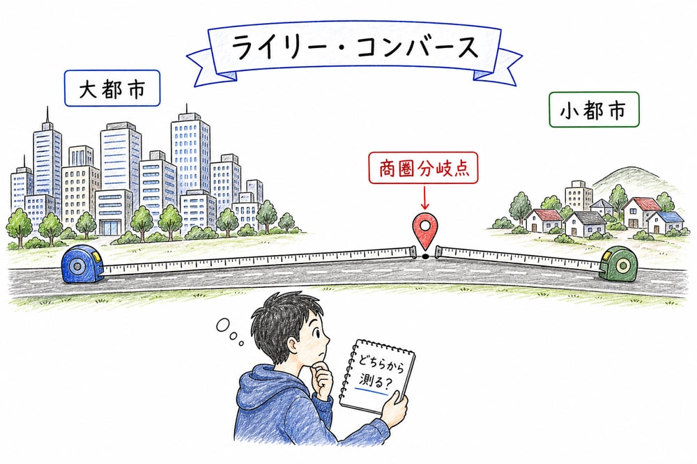 2都市間の商圏分岐点が小さい都市側に寄ることを示すライリー・コンバースの法則の手書き風イラスト