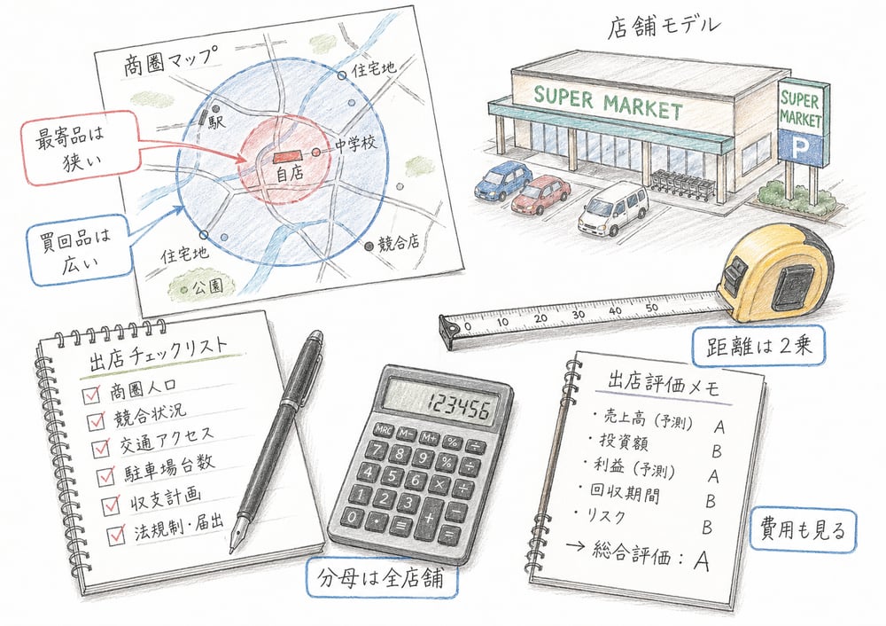 店舗立地と出店の重要論点をチェックリストで復習する手書き風イラスト