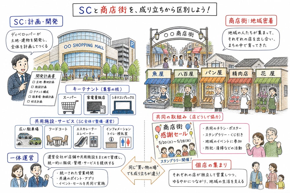 SCと商店街の成り立ちと運営形態の違いを比較する図解