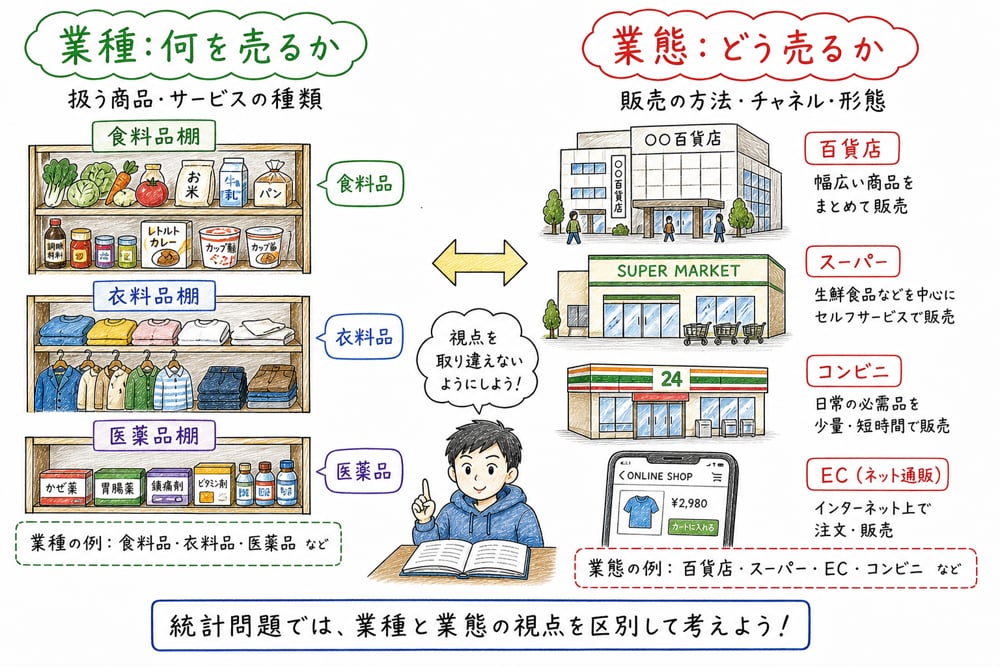 業種は何を売るか、業態はどう売るかを区別する図解