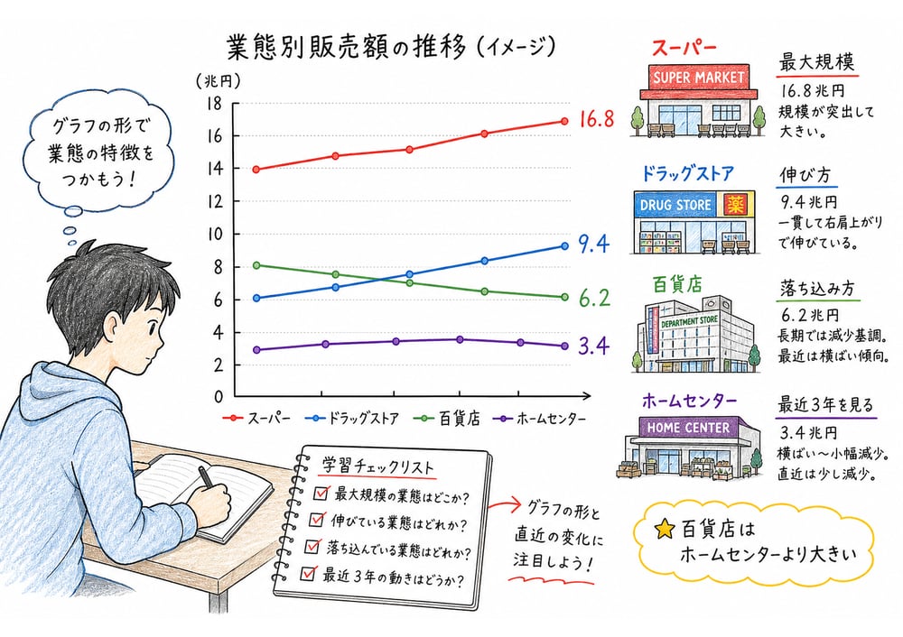 業態別販売額グラフを最大規模、伸び方、落ち込み方で読む図解