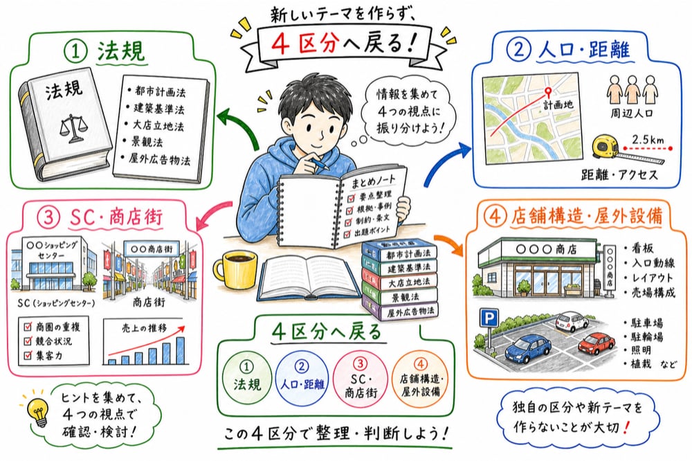 店舗施設を法律、人口距離、商業集積、店舗構造と屋外設備の4区分で整理する図解