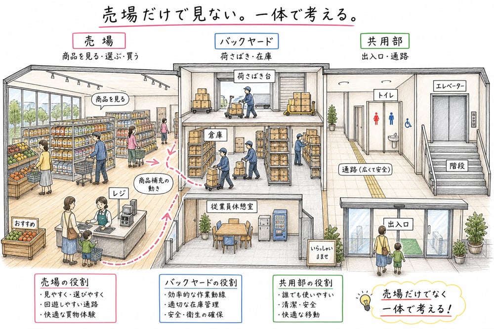 売場、バックヤード、共用部を店舗平面図と具体場面で一体的に確認する図解