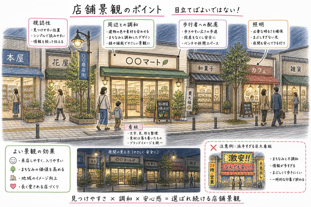 店舗景観を視認性、周辺との調和、歩行者への配慮で考える図解