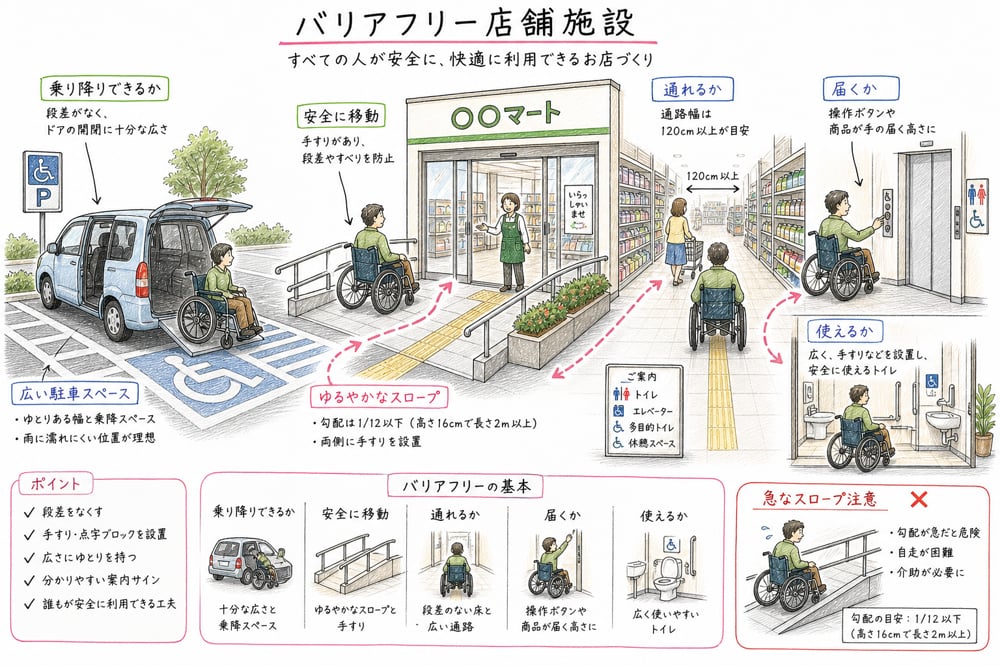 車いす利用者が店舗入口へ進む動きからバリアフリーを確認する図解