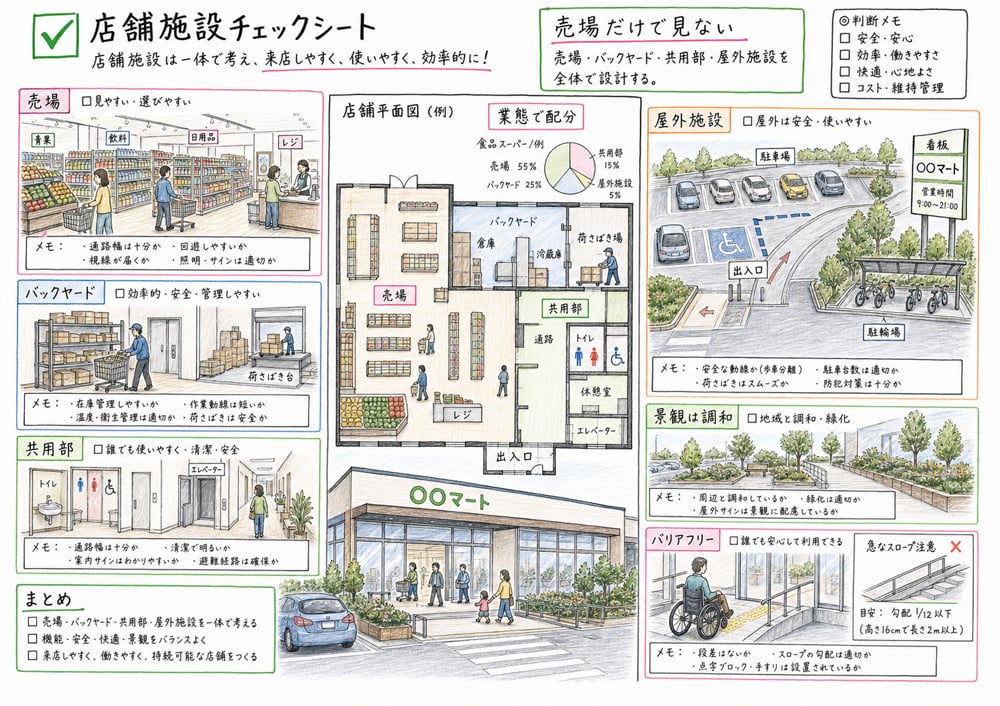 店舗施設の売場、バックヤード、共用部、屋外施設、景観、バリアフリーを一枚で復習する図解