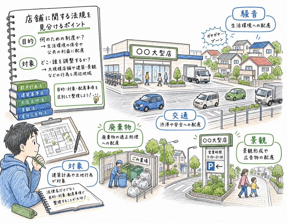 店舗法規は目的と対象で見分ける図解