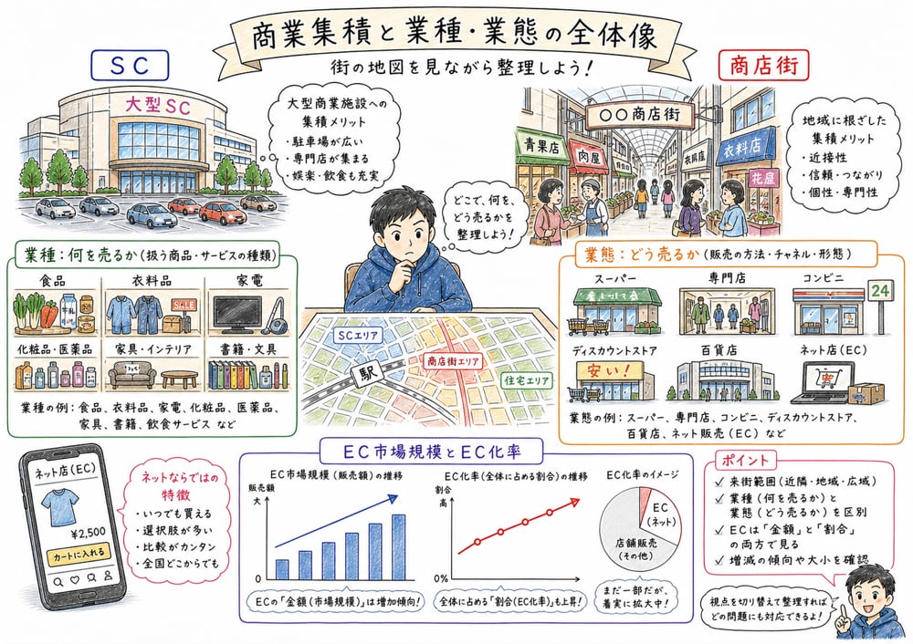 商業集積と業種・業態の違いの図解