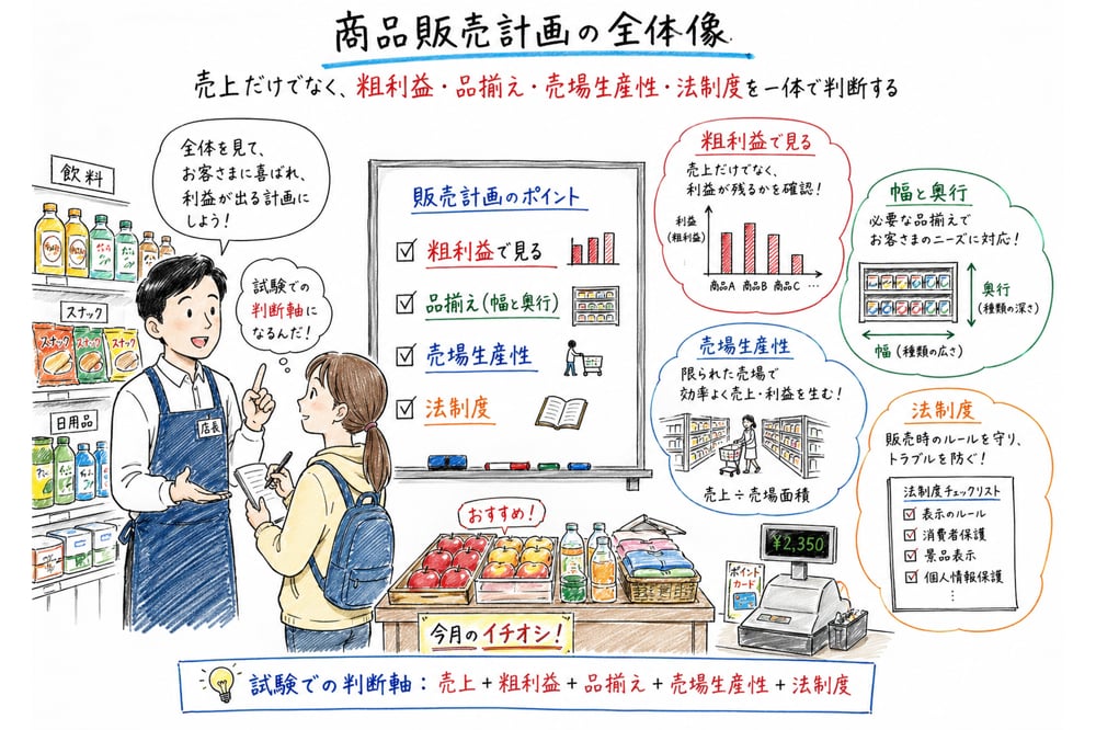 商品販売計画で粗利益、品揃え、売場生産性、法制度を一体で確認する図解