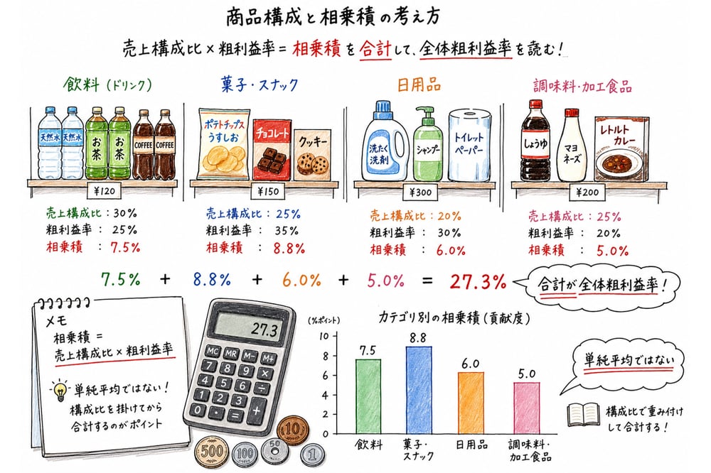 売上構成比と粗利益率から相乗積を求める図解
