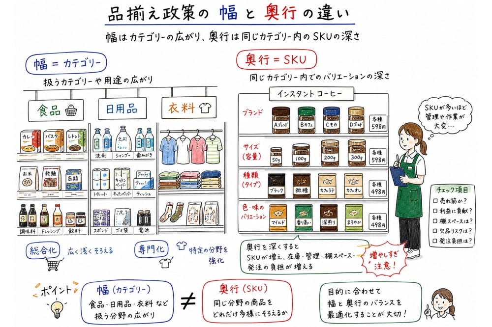 品揃えの幅と奥行を商品棚で区別する図解