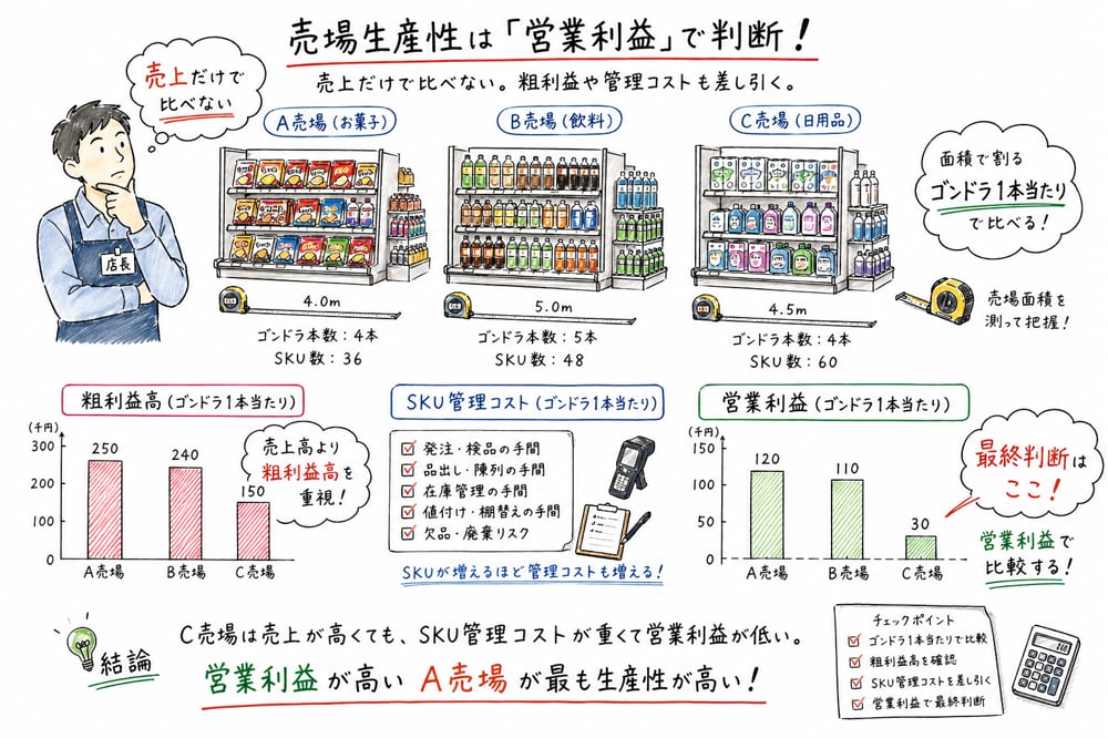 売場生産性を粗利益高やSKU管理コストで比較する図解