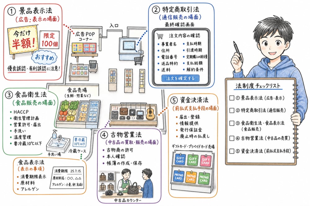 販売時の法制度を対象場面ごとに結び付ける図解