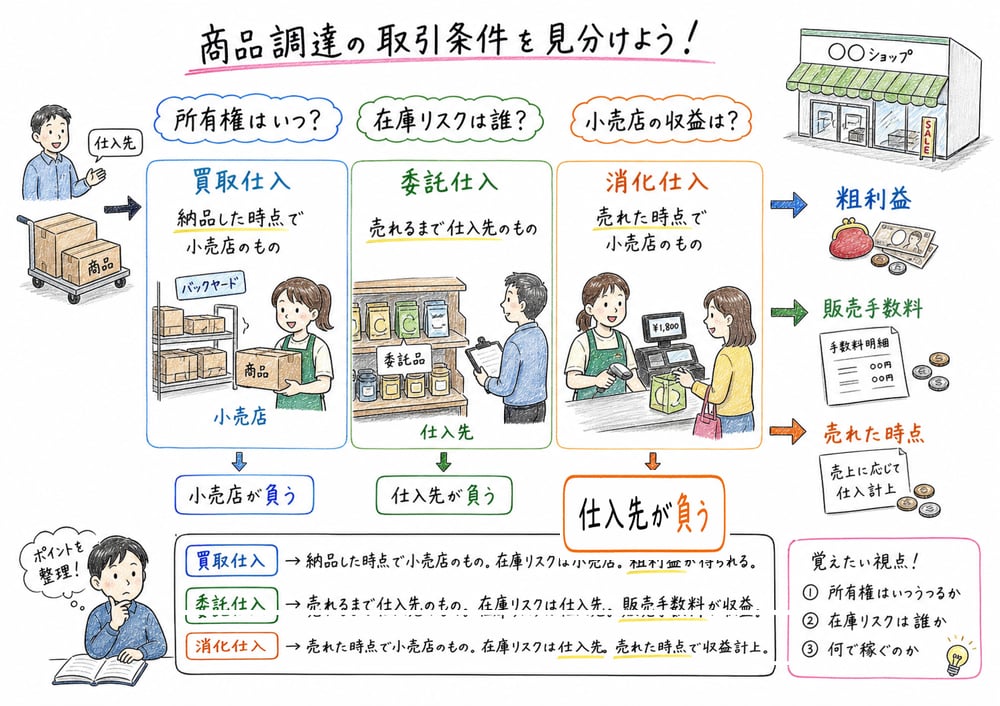 商品調達・取引条件を所有権、在庫リスク、収益で見分ける図解